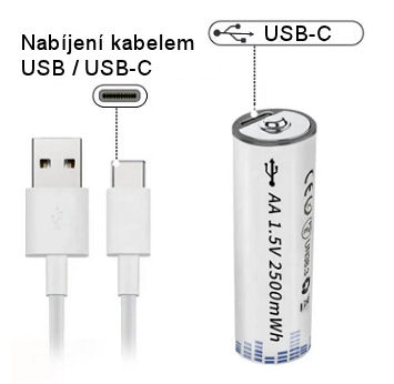 USB baterie nabíjecí 1.5V AA 2500mWh