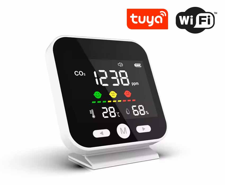 Detektor oxidu uhličitého CO2 s WiFi (tuya), měřením teploty a vlhkosti Hütermann CO2-89W, Měřič 'vydýchanosti vzduchu'.