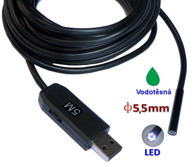 Inspekční kamera 5,5mm / délka 5m vodotěsná s osvětlením - endoskop s USB připojením k PC a Android  HIC-0505