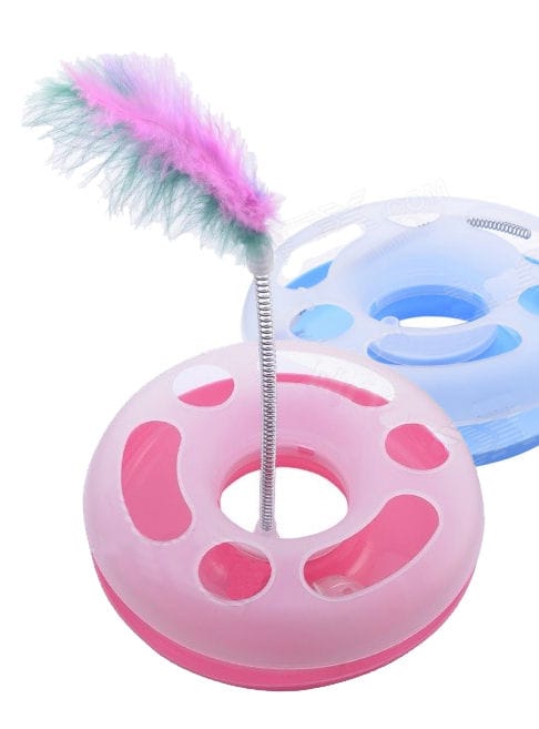 Hračka pro kočky - kolotoč s míčkem s rolničkou + pírko na pružině